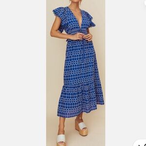 O.P.T Jardin Dress Eyelet Blue V-neck Cotton Midi Women Dress Large NEW